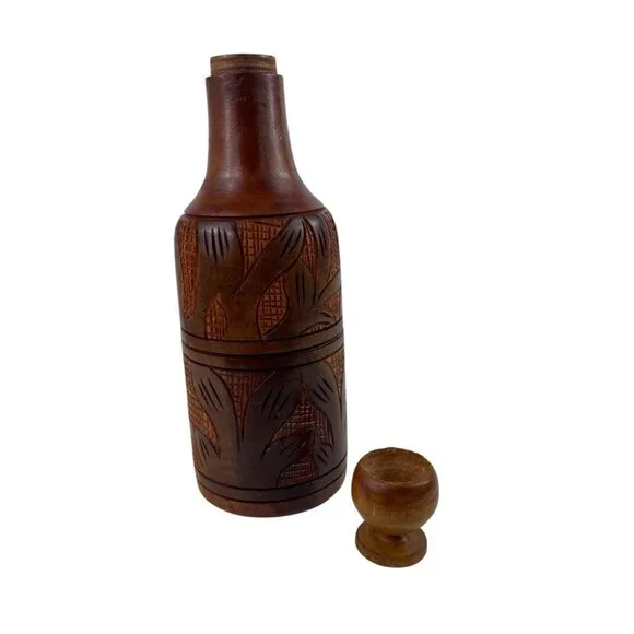 Handcrafted Carved Wooden 3 Piece Bottle Holder Lid Cup - Picture 3 of 16